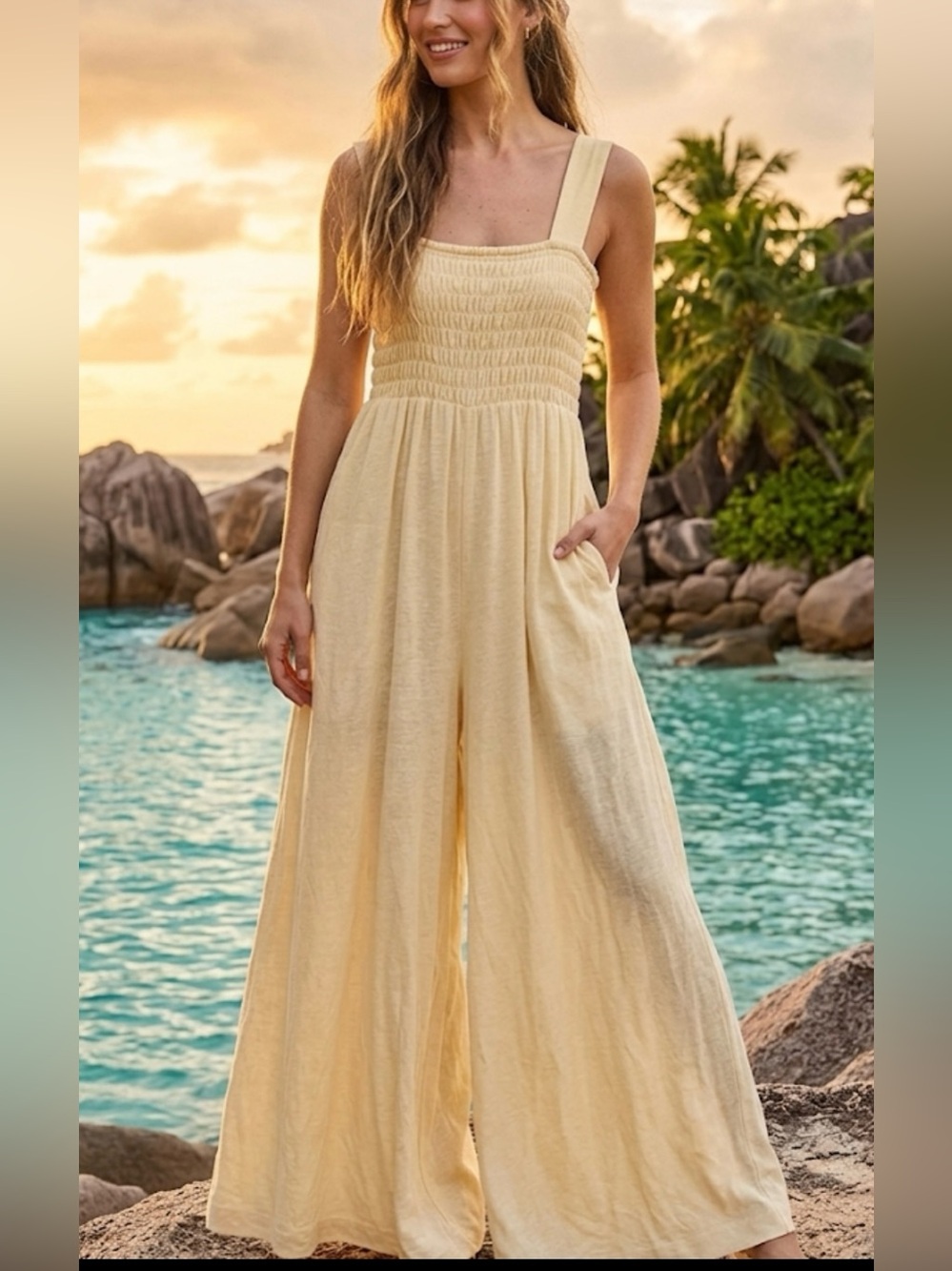 FP Beach Smocked Wide Leg Jumpsuit Cream Linen Blend Small